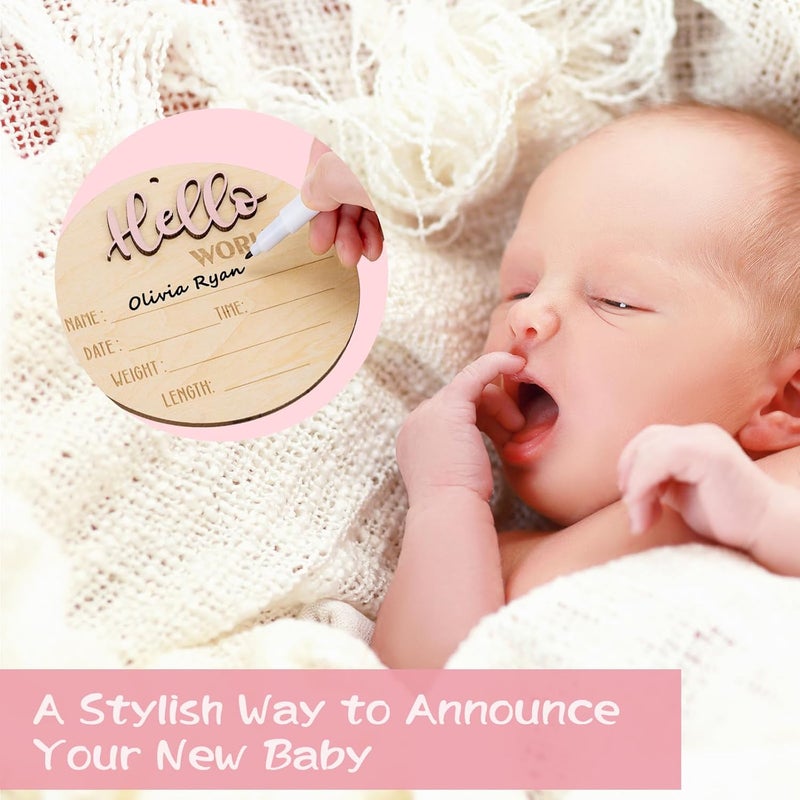 Giftacity Hello World Announcement Sign for Girl: Wooden Pink Baby Newborn Signs for Hospital with Footprint - Round Baby Birth Board for Welcome New Girl - Image 4